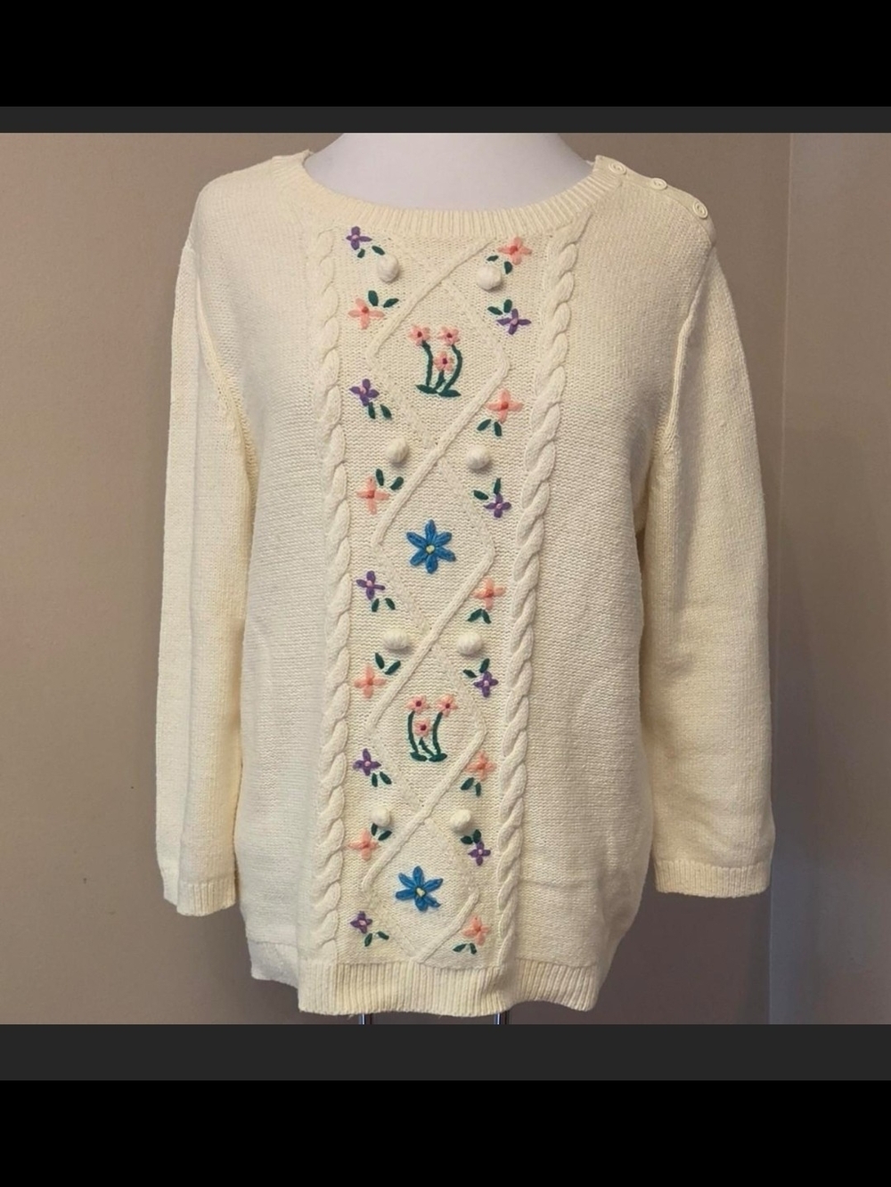Talbots Cream Crewneck Sweater with Pastel Floral Embroidery